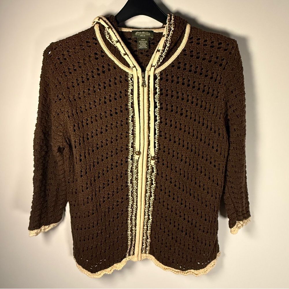 Vintage Eddie Bauer Crochet Y2K Cardigan Size XL Hooded Brown And Cream